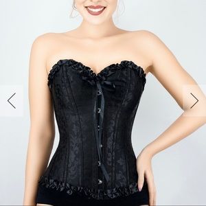 BLACK BROCADE SWEETHEART CORSET WITH RUFFLE TRIM